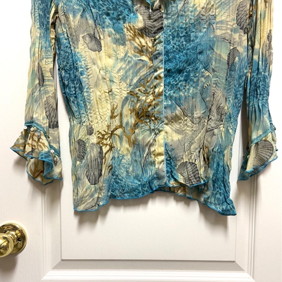 Boho Beaded Floral Top XL Blue Yellow Crinkle Blouse - Picture 11 of 13